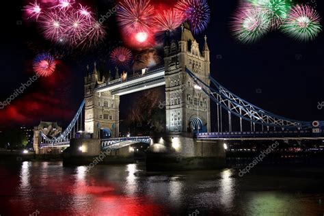 Tower bridge with firework, celebration of the New Year in London, UK ...