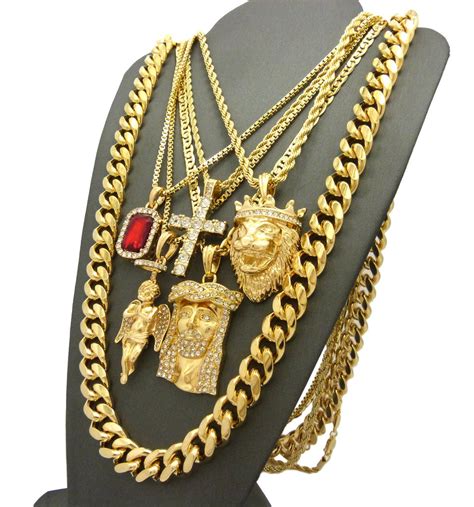 Hip-Hop Jewelry 5 Piece Pendant Set w/ Various Chain Necklaces in Gold – NYFASHION101