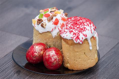 Easter Cakes or Kulich, Paska, Bread with Painted Eggs on Wooden ...