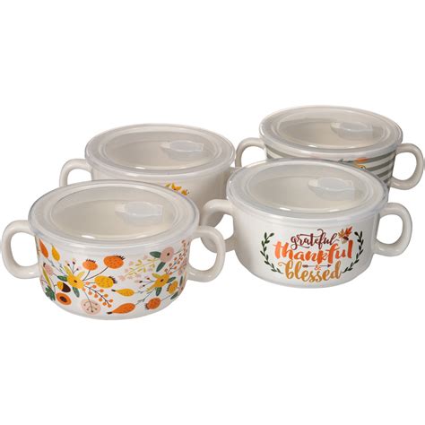 Mainstays Harvest Floral Set of 4 Double Handled Soup Bowl with Lid ...