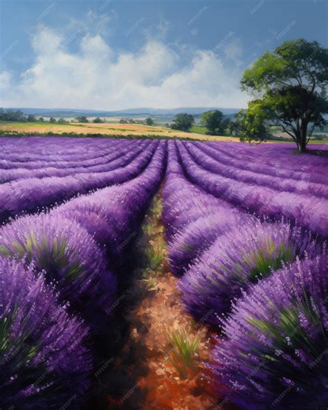 Premium AI Image | A painting of a lavender field with a tree in the ...