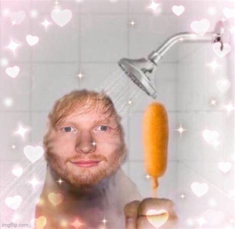 ed sheeran on grug head in a shower holding a corn dog with hearts ...