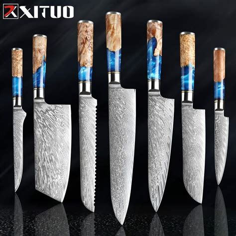 New selling Kitchen Knives Set Damascus Steel Chefs Knife Blue Resin ...