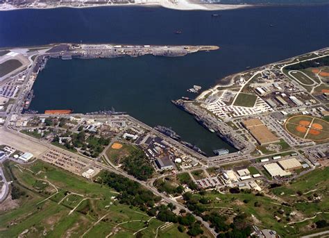 An aerial view of the Mayport Naval Station with various U.S. Navy ...