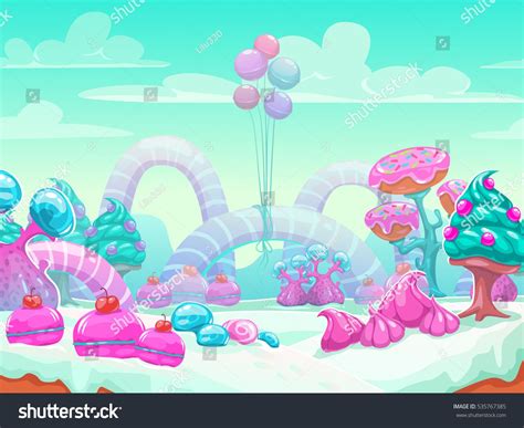 Cool cartoon fantasy sweet world vector background. Candyland landscape ...