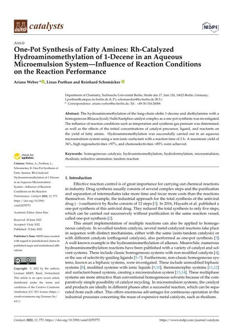 One-Pot Synthesis of Fatty Amines: Rh-Catalyzed Hydroaminomethylation of 1-Decene in an Aqueous ...