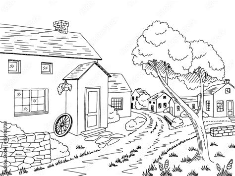 Village street road graphic black white landscape sketch illustration ...