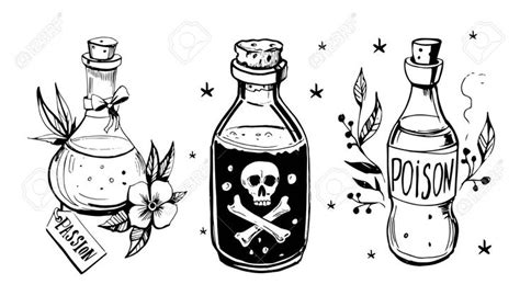 Bottles with potions. Poison and love potion. Hand drawn illustration converted to vector. Stock ...