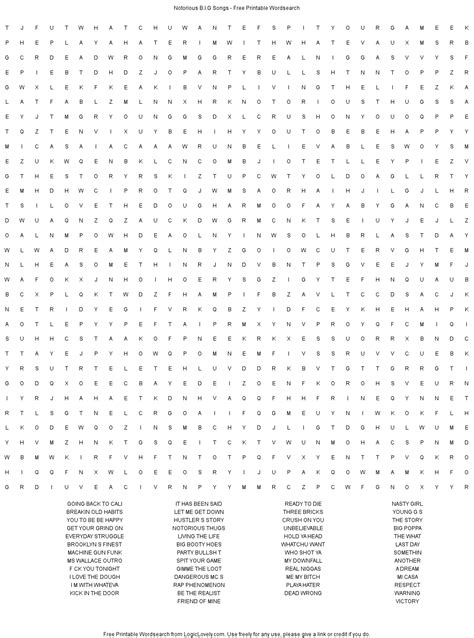 Notorious B.I.G Songs Word Search - Hard - Logic Lovely