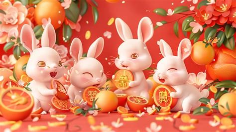 Premium Photo | Illustration shows fluffy bunnies playing with coins gold ingots and oranges ...