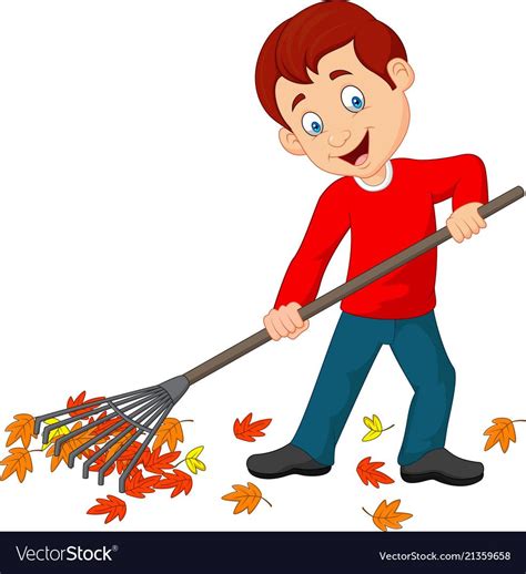 Cartoon happy boy raking leaves. Download a Free Preview or High Quality Adobe Illustrator Ai ...