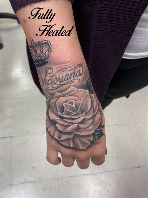 Fully Healed Rose Tattoo on the Hand | Tattoos, Rose tattoo, Hop tattoo