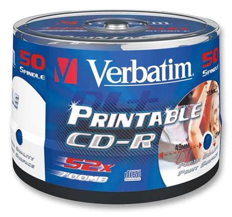 52x Speed CD-R Printable Blank CDs - 50 Pack Spindle - Verbatim | CPC