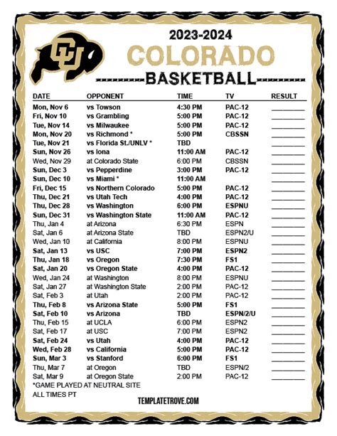 Printable 2023-2024 Colorado Buffaloes Basketball Schedule