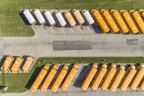 School Bus on parking lot. Aerial top view Stock Photo | Adobe Stock