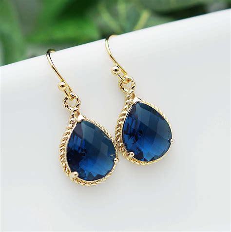 Wedding Jewelry Dangle Earrings Bridal Earrings Bridesmaid Earrings Sapphire Blue Glass Pear Cut ...