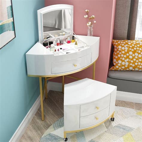 Blue Corner Makeup Vanity Table with Flip-Top Mirror & Drawers & Stool ...