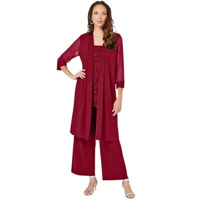 Roaman's Women's Plus Size Three-piece Lace & Sequin Duster Pant Set, 26 W - Rich Burgundy : Target