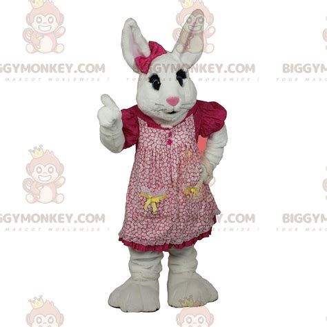 BIGGYMONKEY™ mascot costume white rabbit with pink dress, bunny costume ...