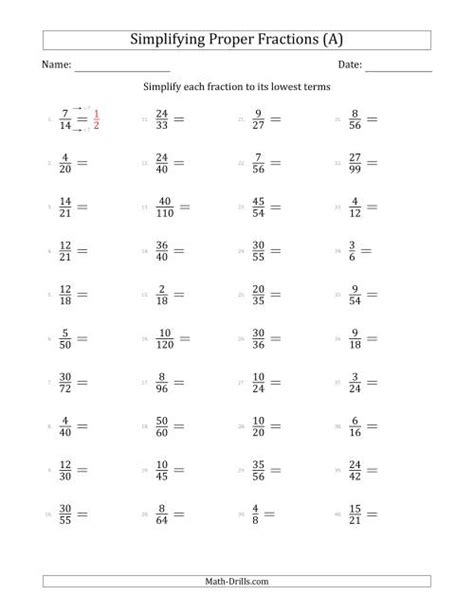 Simplify Proper Fractions to Lowest Terms (Easier Version) (A)