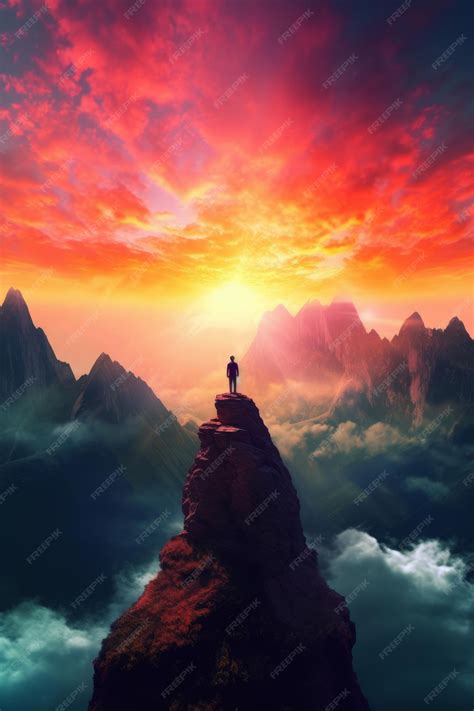 Premium AI Image | A man stands on a cliff in front of a sunset.