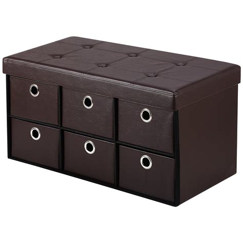 Ollieroo® PU Leather Folding Ottoman Storage Box Footstool Space Saver with 6 Drawer Dividers ...