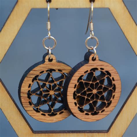 Wood Earrings Wooden Round Star Earrings Laser Cut Earrings - Etsy