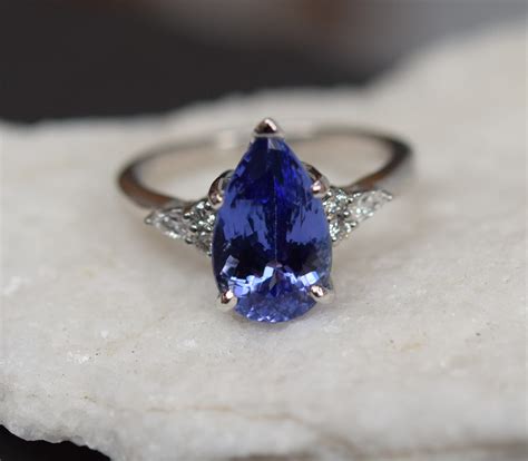 Platinum Tanzanite Ring. White Gold Tanzanite Engagement Ring 3.3ct Lavender Blue Tanzanite pear ...