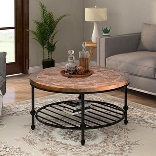 Rustic Natural Round Coffee Table with Storage Shelf for Living Room - Bed Bath & Beyond - 34079876