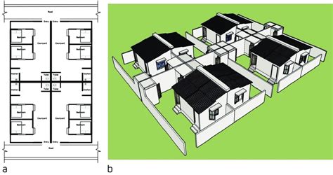 (a) Plan of a cluster of 4 houses sharing par on wall, connected by... | Download Scientific Diagram