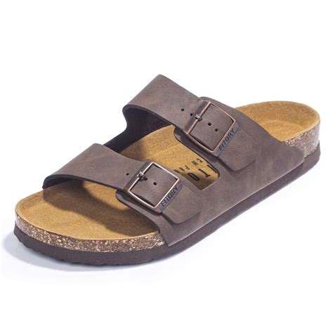 FITORY Mens Sandals, Arch Support Slides with Adjustable Buckle Straps and Cork Footbed Brown ...