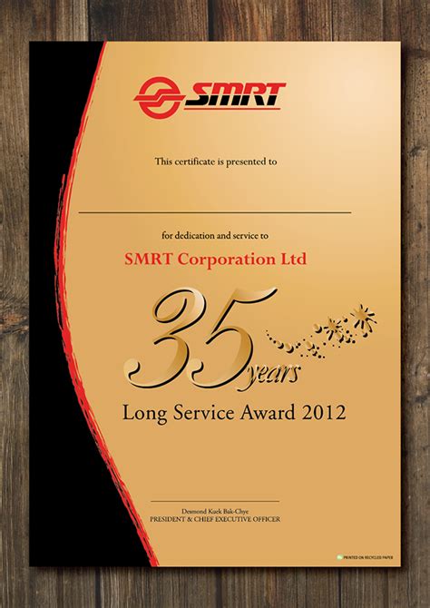 SMRT Long Service Award Certificate 2012 on Behance