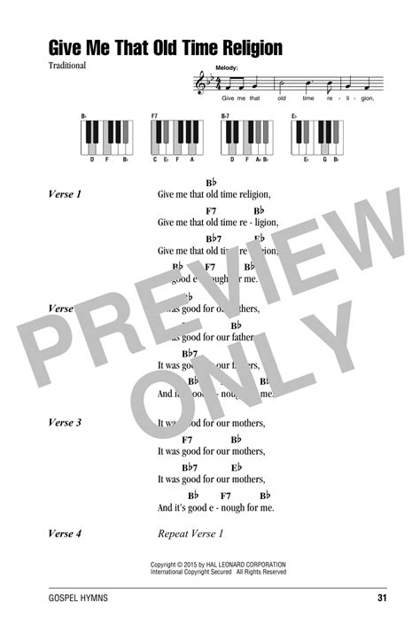 Give Me That Old Time Religion by Traditional Sheet Music for Piano Chords/Lyrics at Sheet Music ...