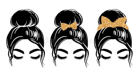 Messy Bun with Golden Glitter Bandana or Headwrap and Hair Bow. Vector Woman Silhouette Stock ...