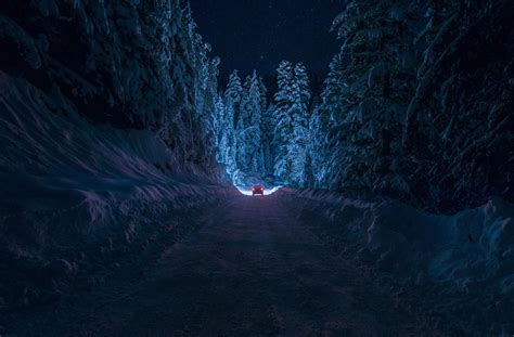 HD Bulgaria Kyustendil Winter Road Snow Forest Night Car Light Sky Stars Trees For Desktop ...