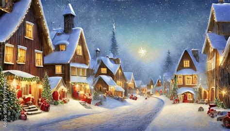 christmas village with snow in a vintage style at xmas night winter village landscape celebrate ...