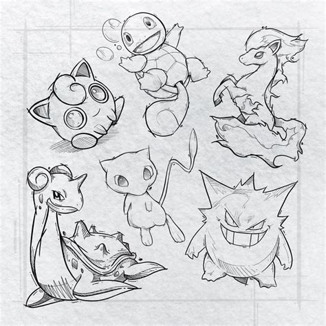 several different types of pokemons drawn in pencil and ink, each with their own character