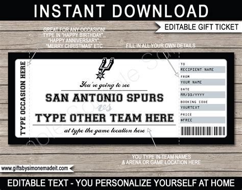 San Antonio Spurs Game Ticket Gift Voucher | Printable Surprise NBA Basketball Tickets