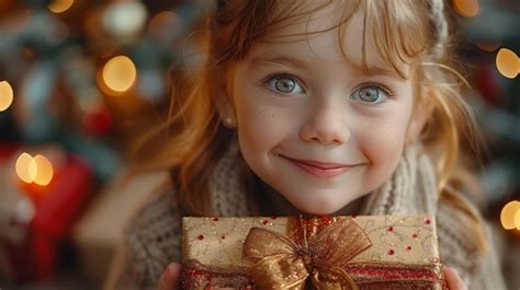 Premium Photo | Little Girl Holding Present by Christmas Tree