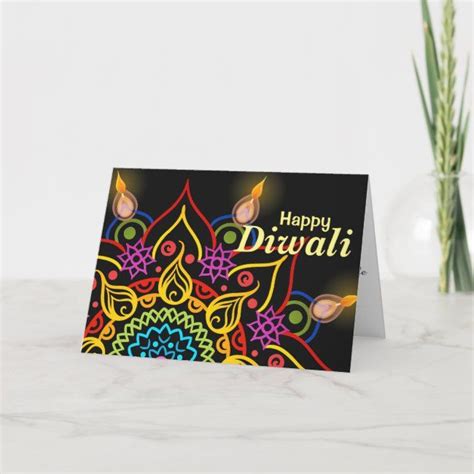 happy diwali greeting card on marble table with vase and flowers in the ...