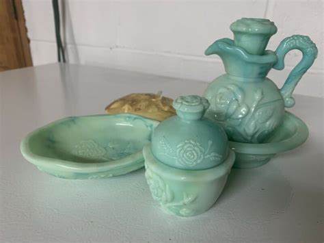 Vintage Avon Green Milk Glass Vase Soap Dish Powder Set -- Antique Price Guide Details Page