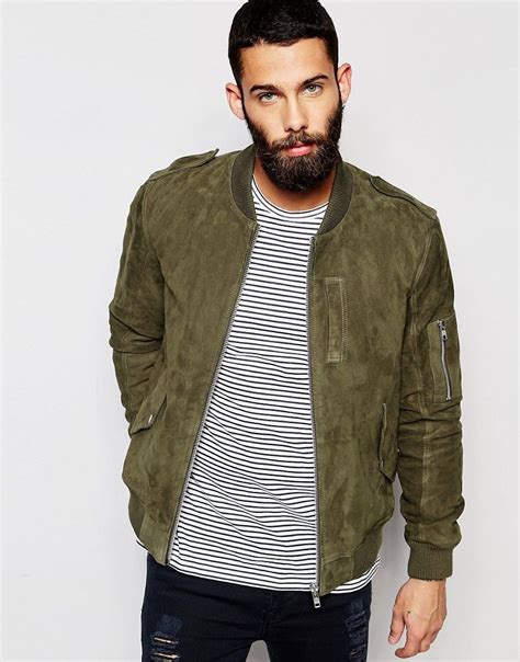 ASOS Khaki Suede Bomber Jacket In Military Styling Suede Jacket Outfit, Green Suede Jacket ...