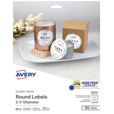 Avery® Glossy White Round Labels with Sure Feed™, 2-1/2" Diameter, 90 Labels, Permanent Adhesive ...