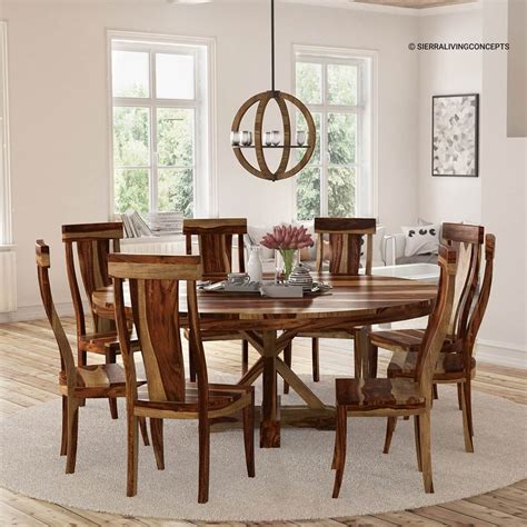 Bedford X Pedestal Rustic 72" Round Dining Table With 8 Chairs Set