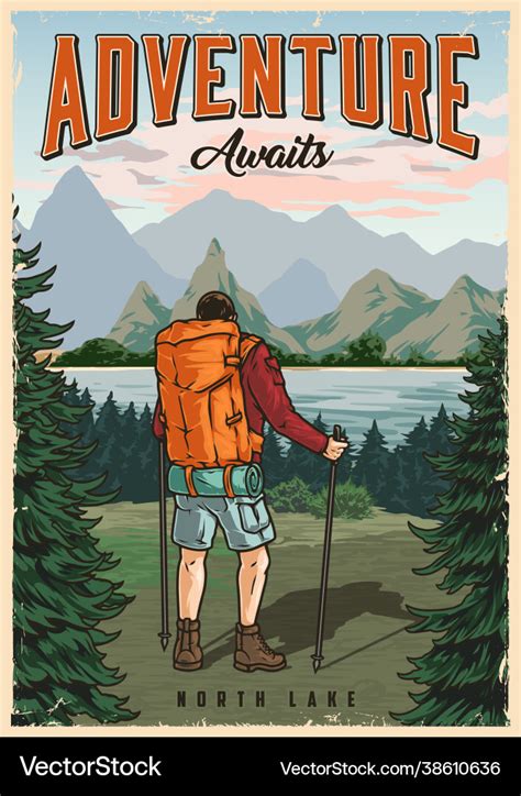 Hiking colorful vintage poster Royalty Free Vector Image