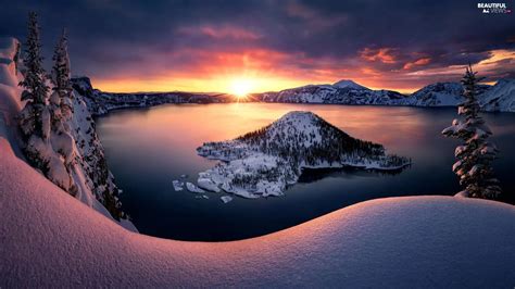 Crater Lake, Crater Lake National Park, Island of Wizard, snow, Great Sunsets, Mountains, The ...