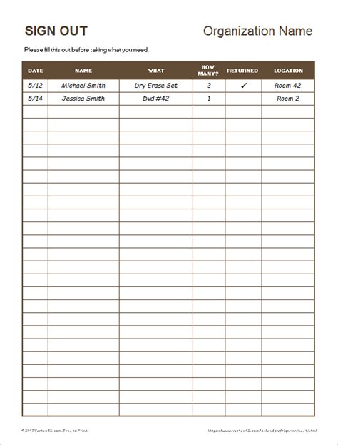 Equipment Sign Out Sheet Template Excel