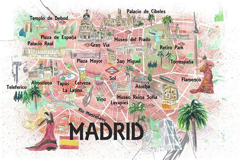 Madrid Spain Illustrated Travel Map with Roads Landmarks and Tourist ...