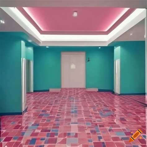 Pastel-colored hotel lobby with mid century modern interior on Craiyon