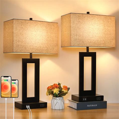 Set of 2 Touch Control Table Lamp with 2 USB Ports, 3-Way Dimmable Modern Nightstand Lamp Sets ...